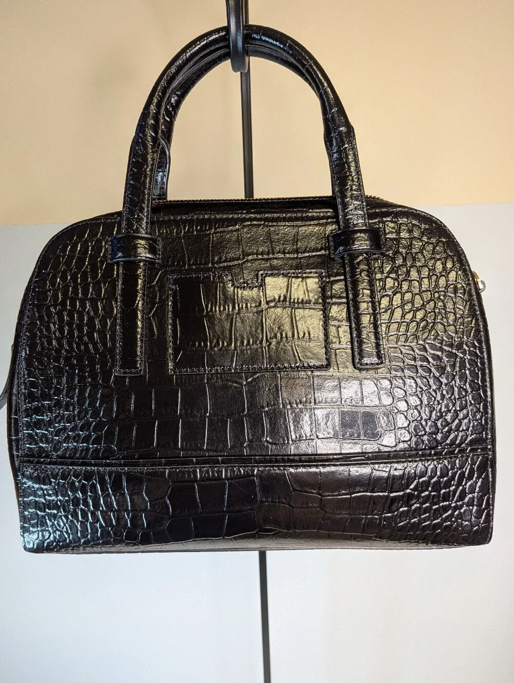 Kate Spade Black Glossy Croc Leather Satchel Handbag